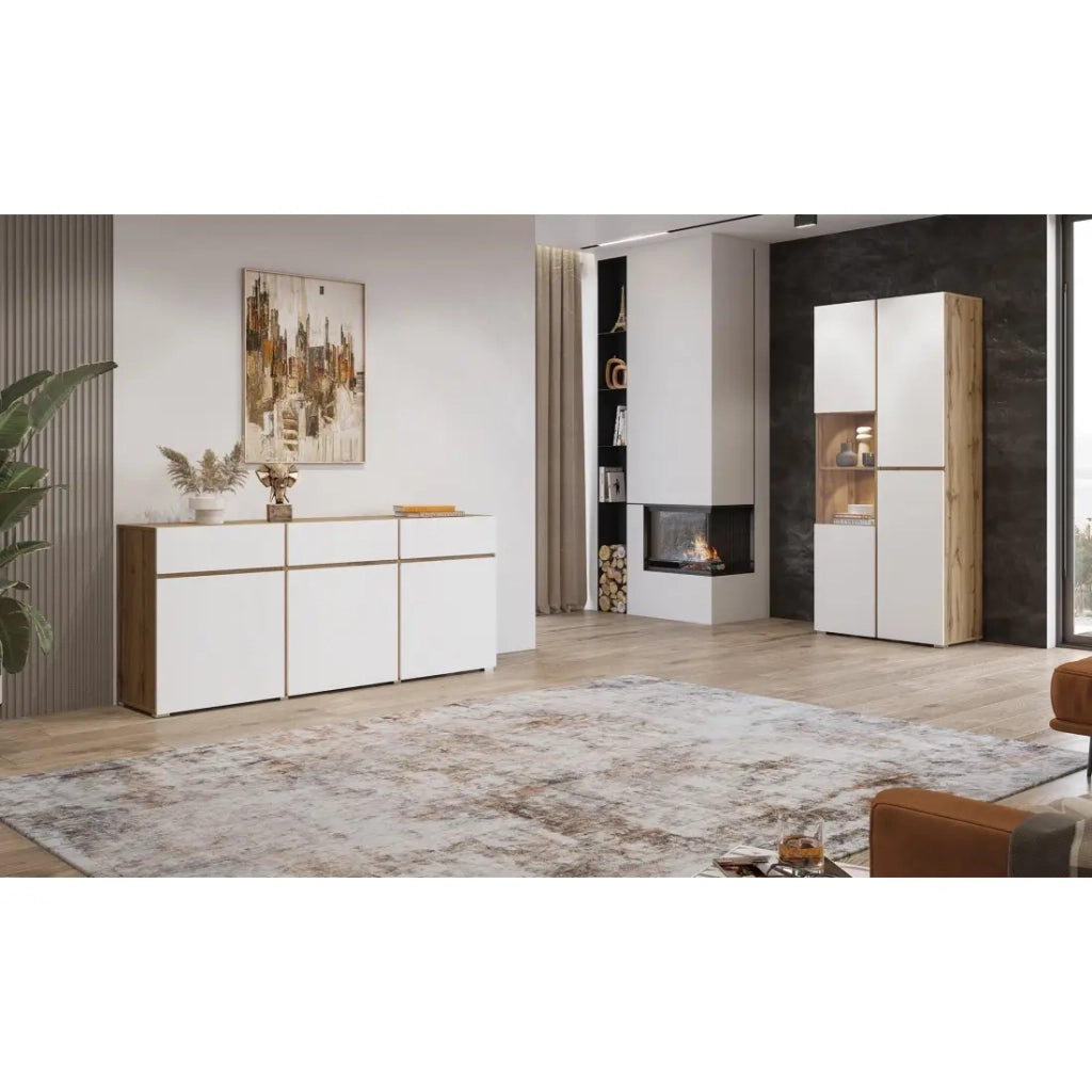 Vetrina HAVANA – Eleganza minimalista in rovere chiaro e bianco opaco - Senza LED