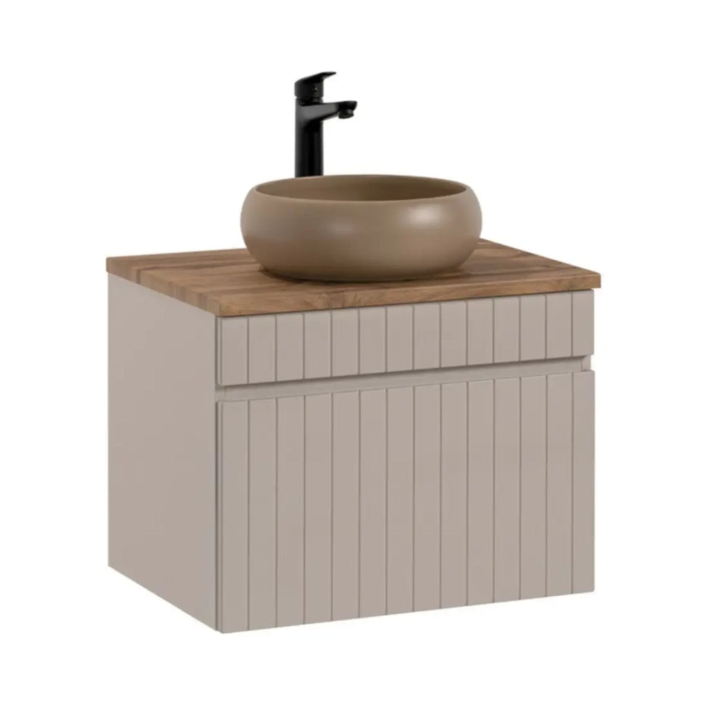 Set ICON: mobile sottolavabo 60cm cachemire + piano per lavabo effetto legno + lavabo da appoggio rotondo