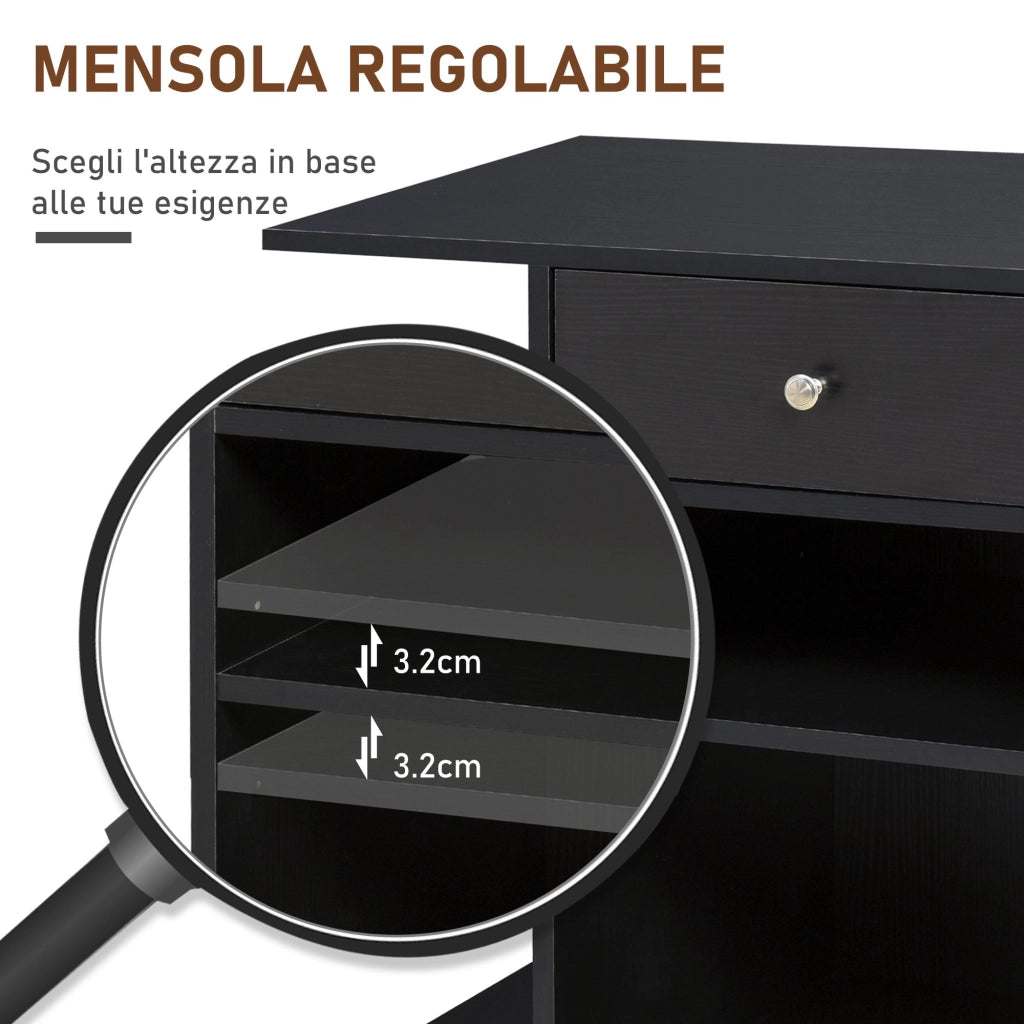 EasyComfort Mobile Porta Stampante in Legno Nero con 1 Cassetto, 2 Ripiani e Mensola CPU, per Ufficio 60x40x68.5cm