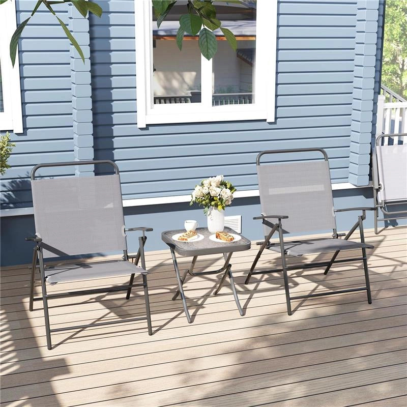 SET DA GIARDINO CON TAVOLO CON PIANO IN VETRO E 2 SEDIE PIEGHEVOLI CON SCHIENALE REGOLABILE GRIGIO