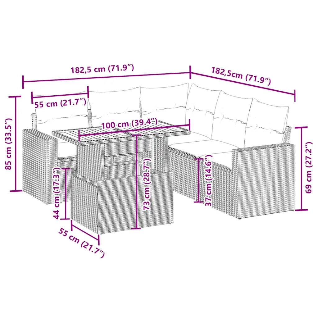 Set Divano da Giardino 6 pz con Cuscini Beige in Polyrattan