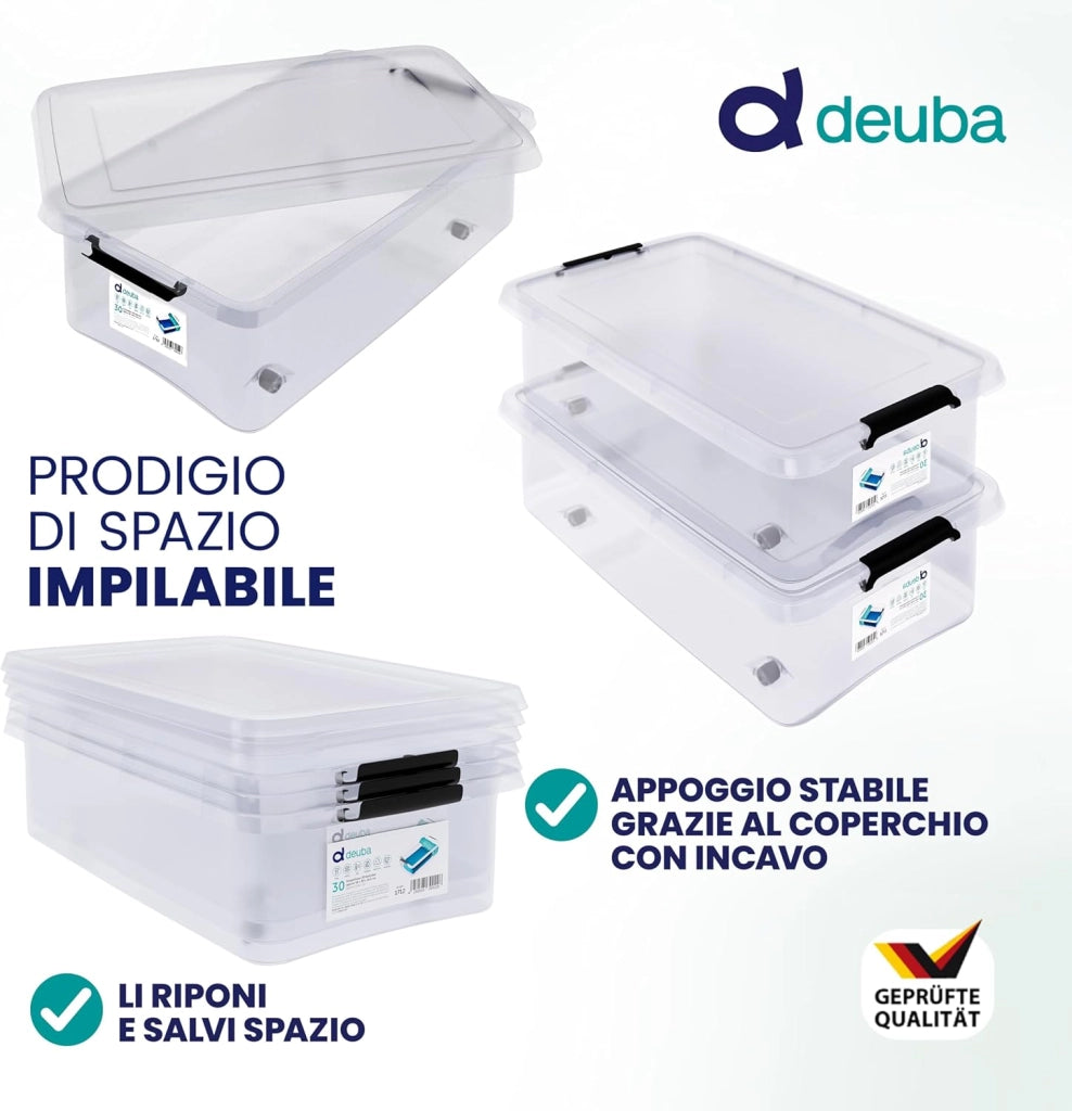 4X 30L Scatole in Plastica Trasparente Senza BPA Contenitori con Coperchio Impilabili Ruote Cassette Salvaspazio