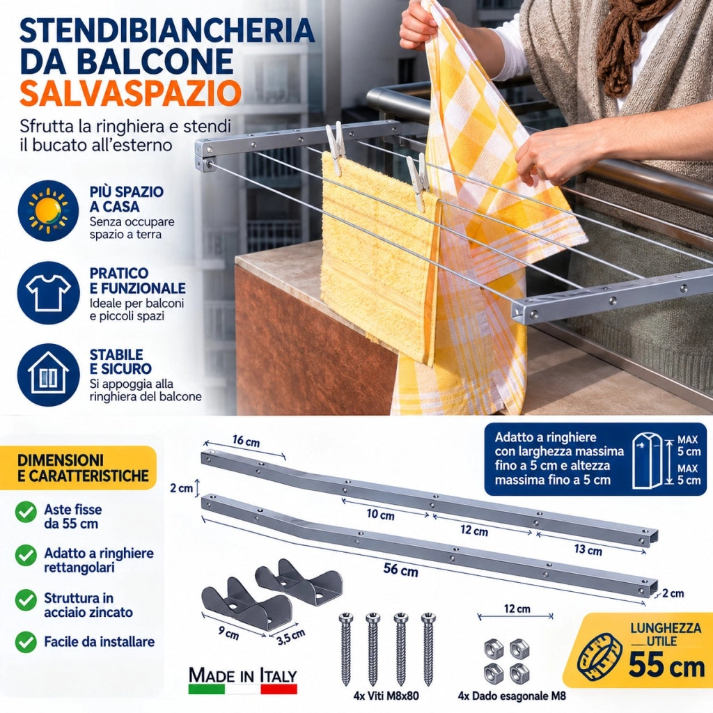 Stendibiancheria Balcone 55 cm per Ringhiera Rettangolare in Acciaio Zincato