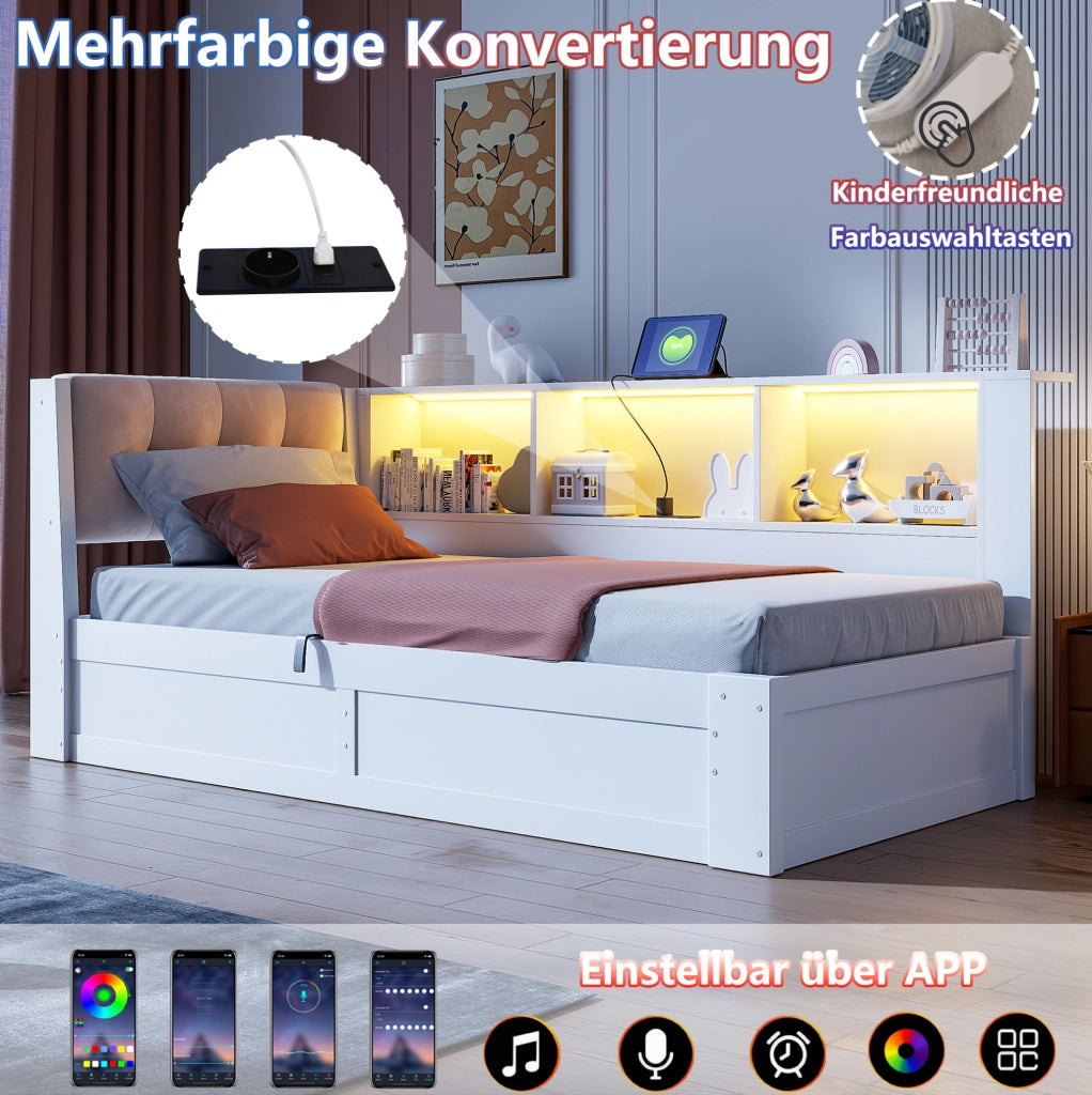 Letto a giorno 90x200 cm con contenitore idraulico, LED e USB