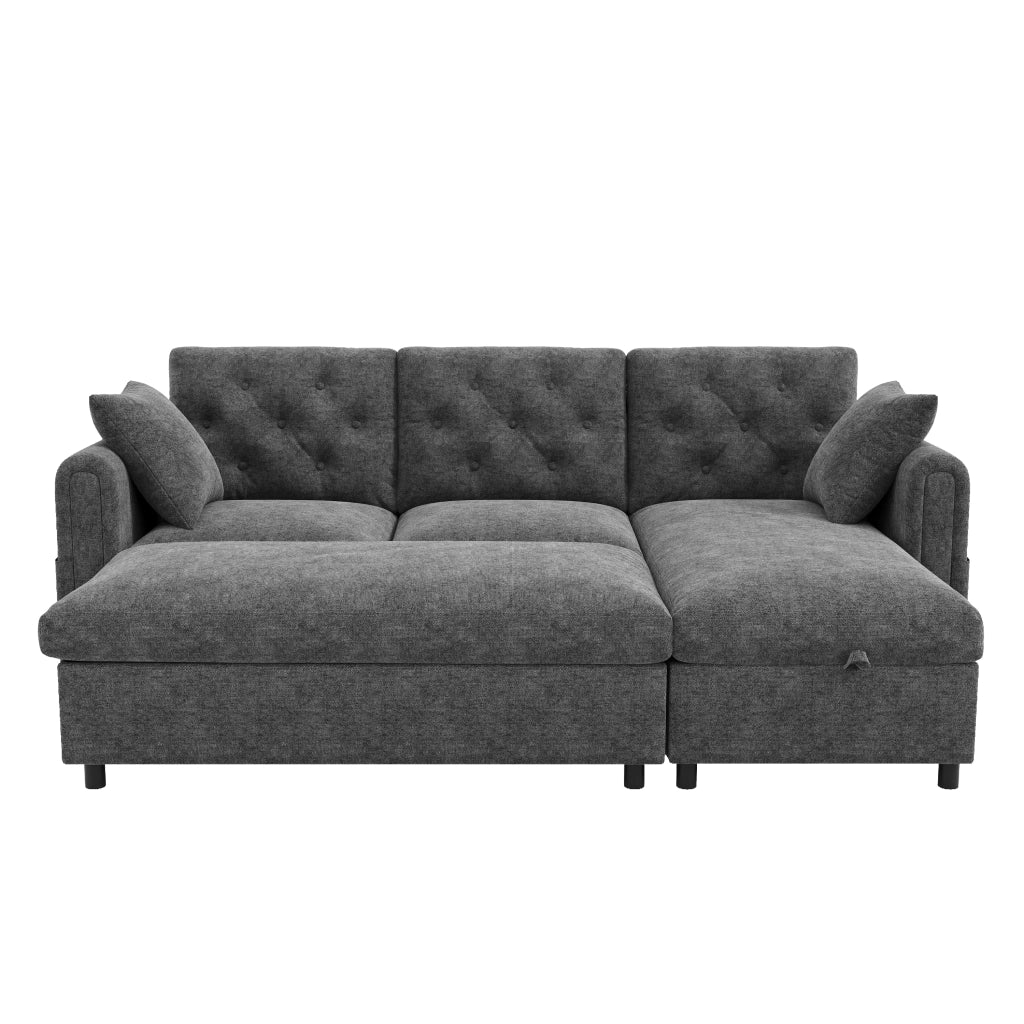 Divano in velluto grigio con chaise longue e pouf contenitore, seduta con molle insacchettate, 219 x 131 x 86 cm