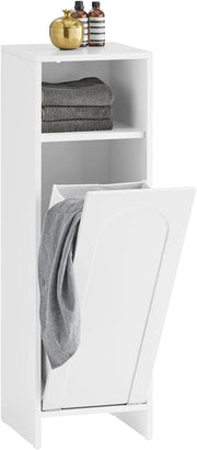 Wäscheschrank con Sacco Portabiancheria Mobile Bagno Salvaspazio con Cesto Estraibile Mobiletto Bagno in Legno per Piccoli Bagni o WC Ospiti, Bianco, 30x97x30cm BZR161-W