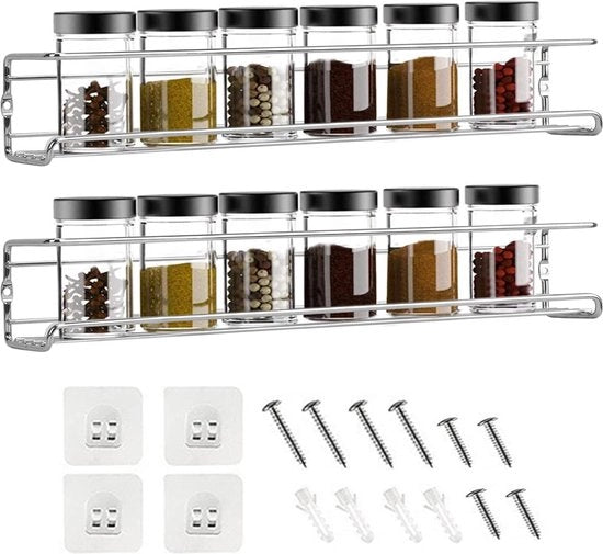 Organizzatore di erbe, ripiano per spezie, 2 livelli, fissato al muro, organizzatore di spezie per cucina, spazio risparmiato, cassettiera per muro, contenitori per spezie e conservazione di spezie, argento
