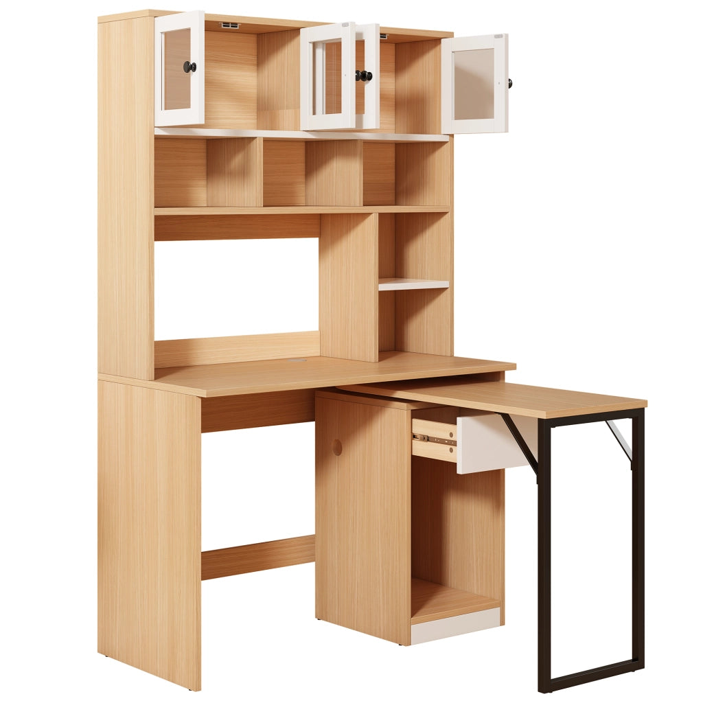 Scrivania lineare con libreria alta, ante in acrilico, cassetti e vani aperti, per studio e ufficio, 180 cm