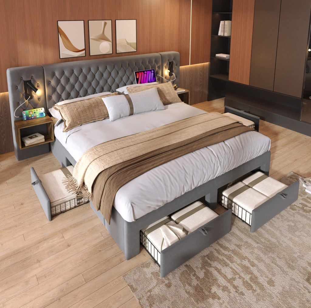 Letto matrimoniale 180x200 cm con 2 comodini; 4 cassetti; USB C e USB; velluto grigio