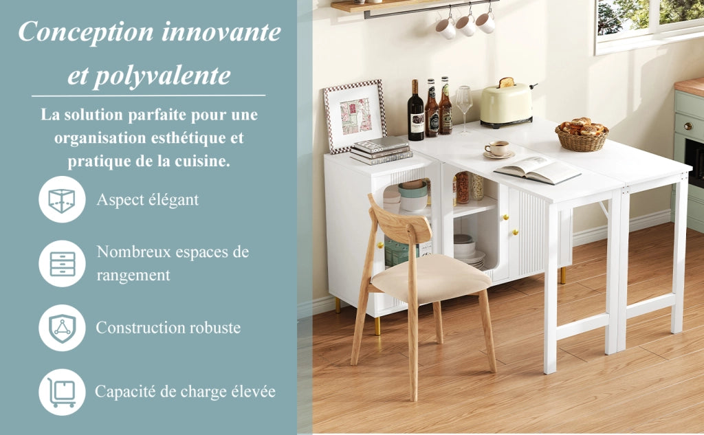 Credenza Buffet con Piano Allungabile e Girevole ¨C Xylo ¨C Bianco, Gambe Metallo Dorato, Vetro