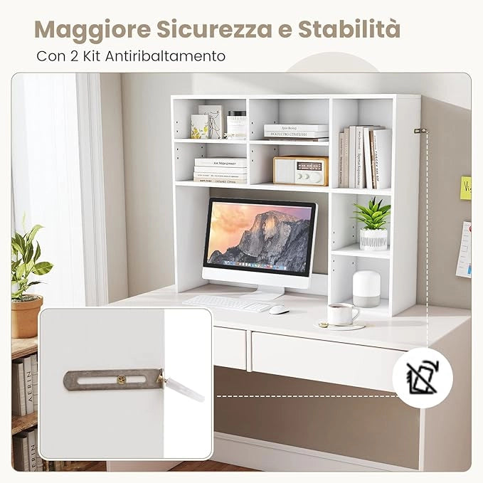 Libreria da Scrivania, Scaffale per Scrivania con 3 Ripiani Regolabili e Scomparto Aperto per Monitor 27", Organizzatore di Spazio per Casa Ufficio Dormitorio, 94x25x79 cm (Bianco)