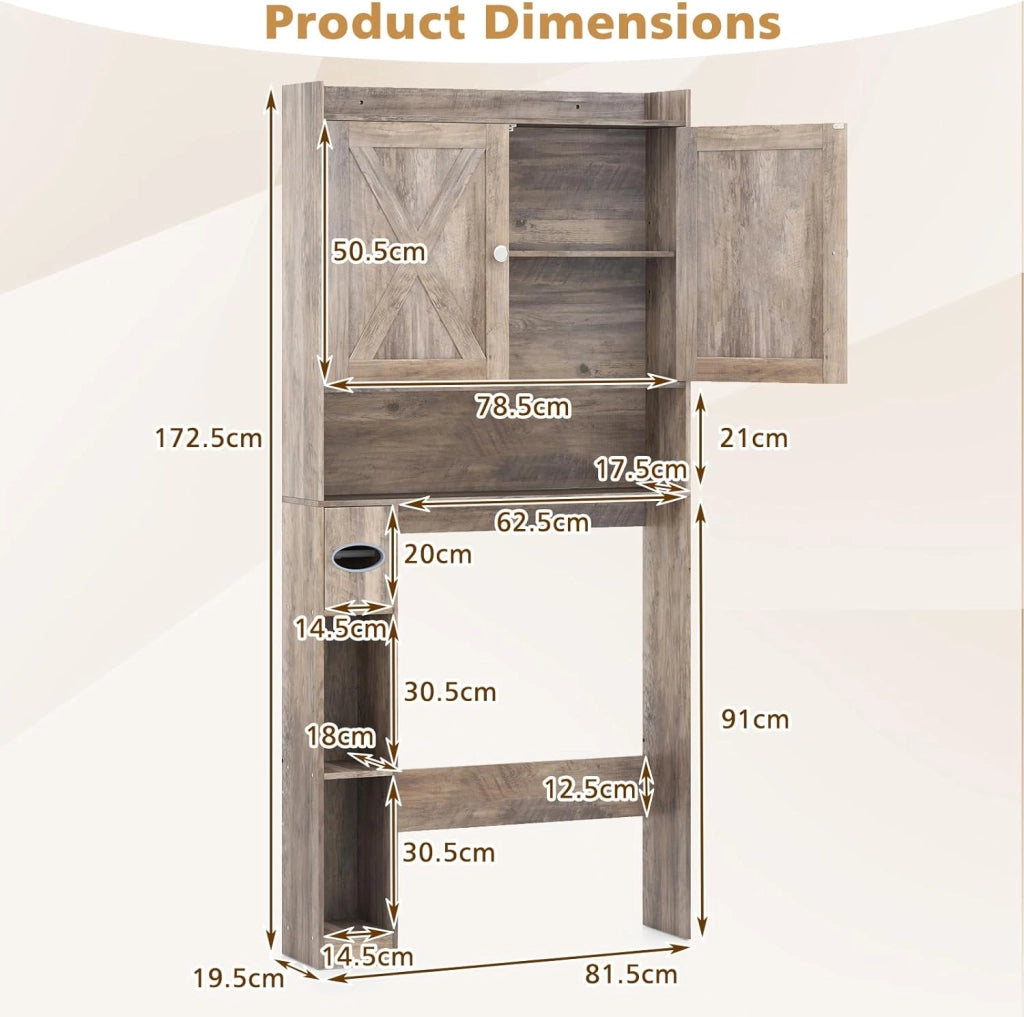 Armadietto WC per bagno, armadietto con 2 ante a battente, ripiani regolabili e scomparti per carta igienica, salvaspazio per WC, 81,5 x 19,5 x 172,5 cm (grigio)