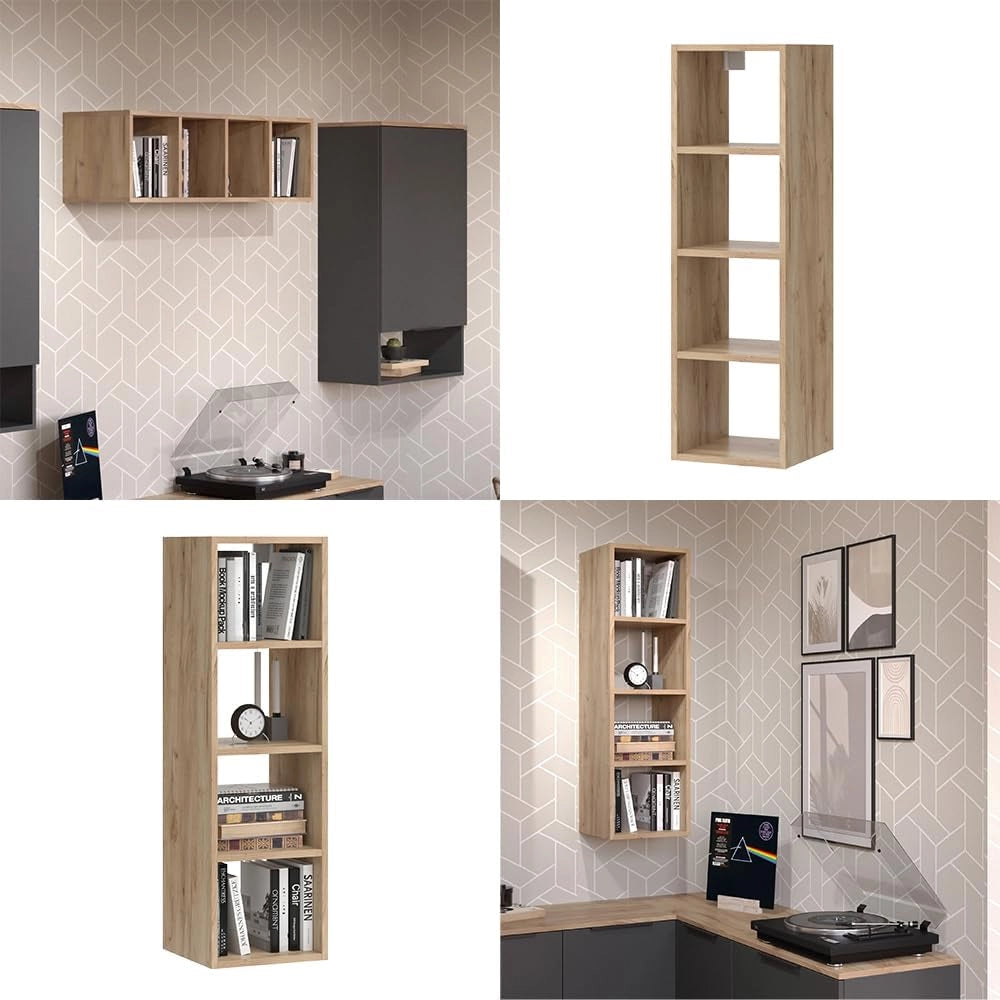 Scaffale a muro Wido, Antracite, 30 x 100 cm con 4 ripiani aperti, per l’archiviazione a parete di libri e oggetti decorativi