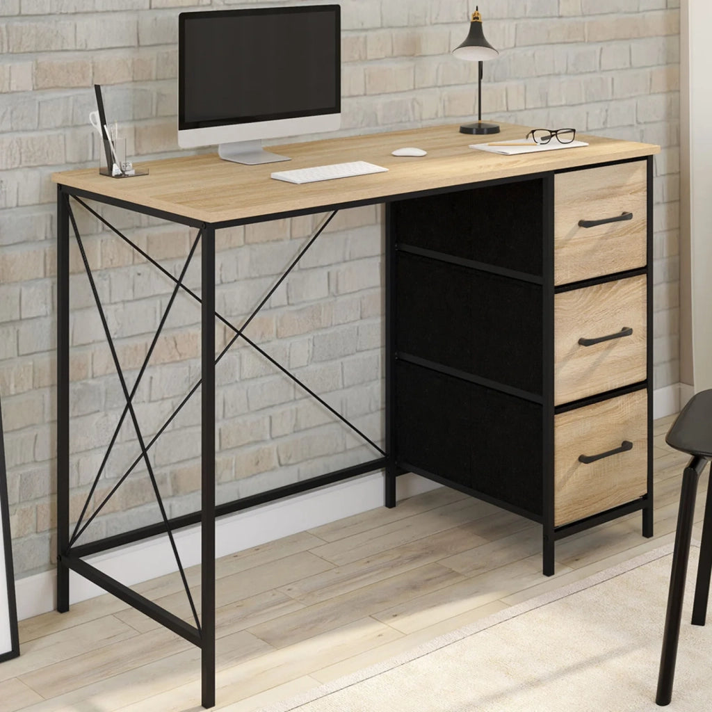 IDMarket - Scrivania in tessuto a 3 cassetti UTAH in legno e nero, design industriale