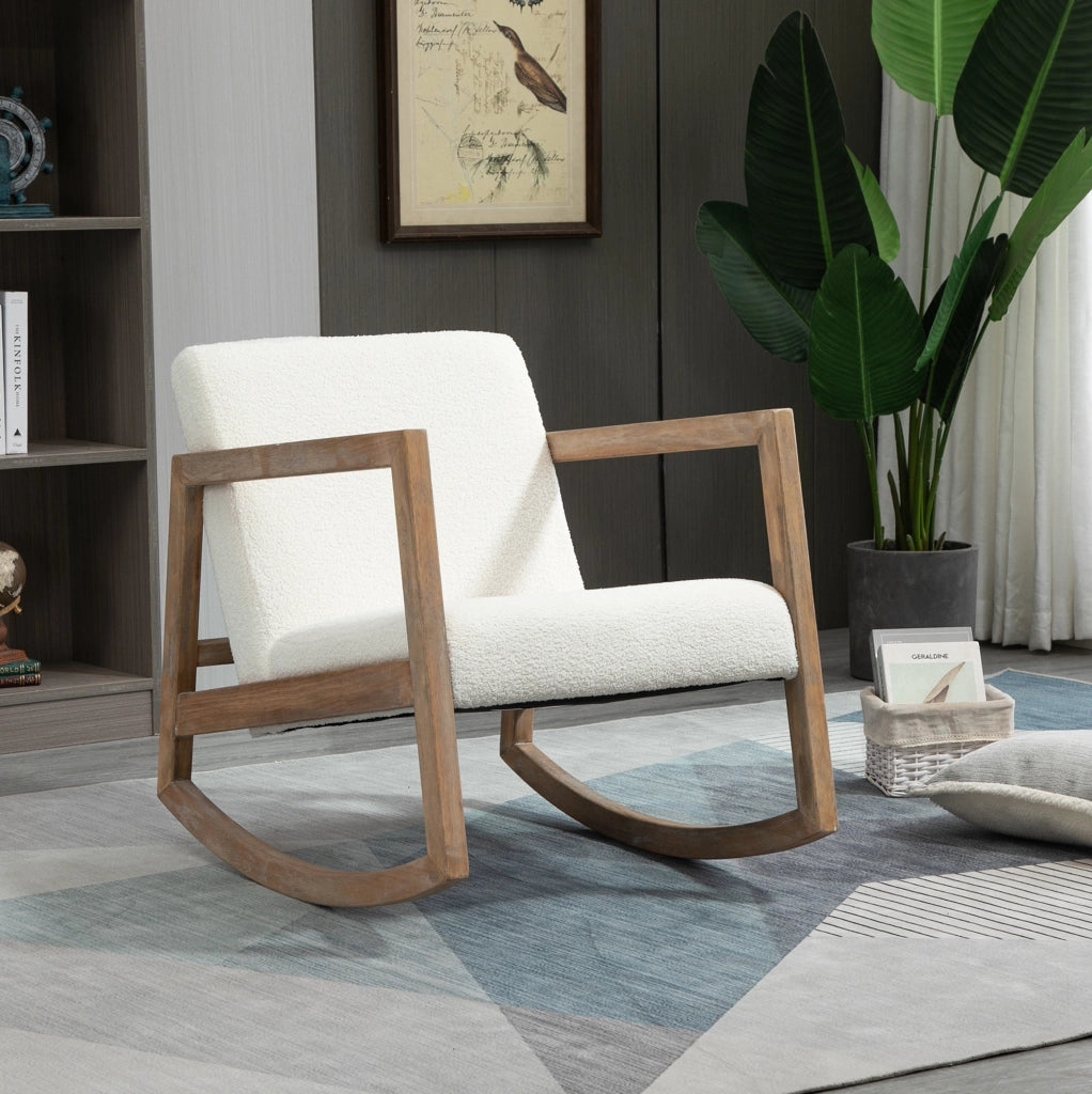 Poltrona a dondolo 60x81x71 cm con cuscino imbottito in legno di gomma e poliestere bianco crema