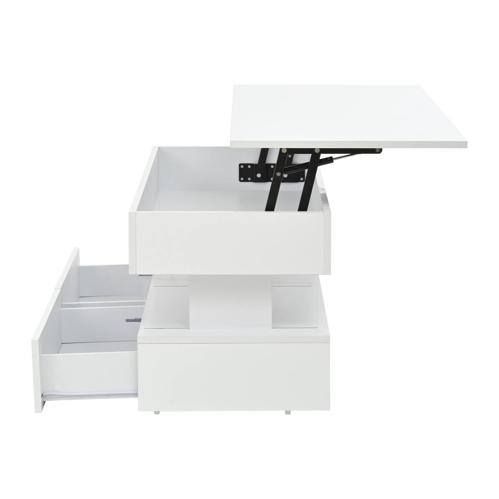 Tavolino regolabile in altezza, lucido, con luci a LED, 2 cassetti, in MDF + acrilico, 100 x 50 x 46 cm, bianco