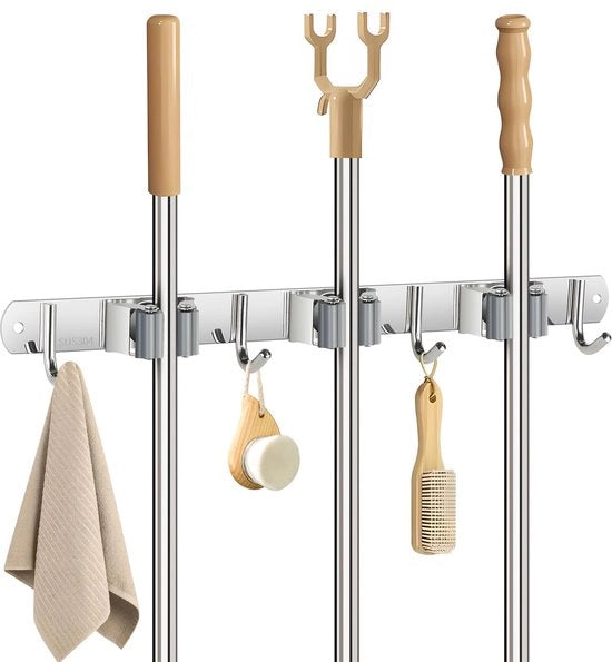 Supporto per Pennello a Parete, Supporto Pennello in Acciaio Inox, Supporto per Attrezzi con 3 Supporti e 4 Ganci, Appoggio Pennello per Attrezzi da Giardino, Supporto per Pennello e Mop per Bagno, Cucina, Garage
