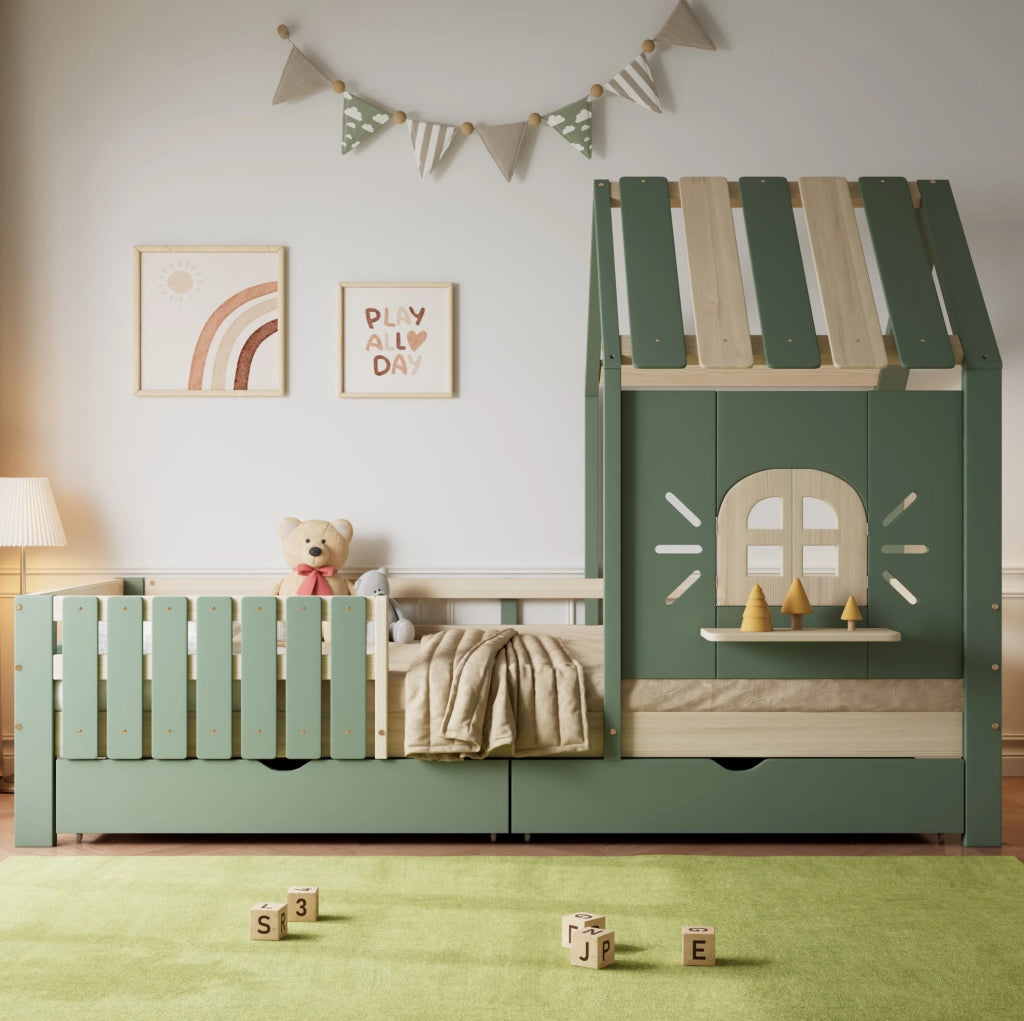 Letto a casetta per bambini verde naturale 90x200 cm con 2 cassetti