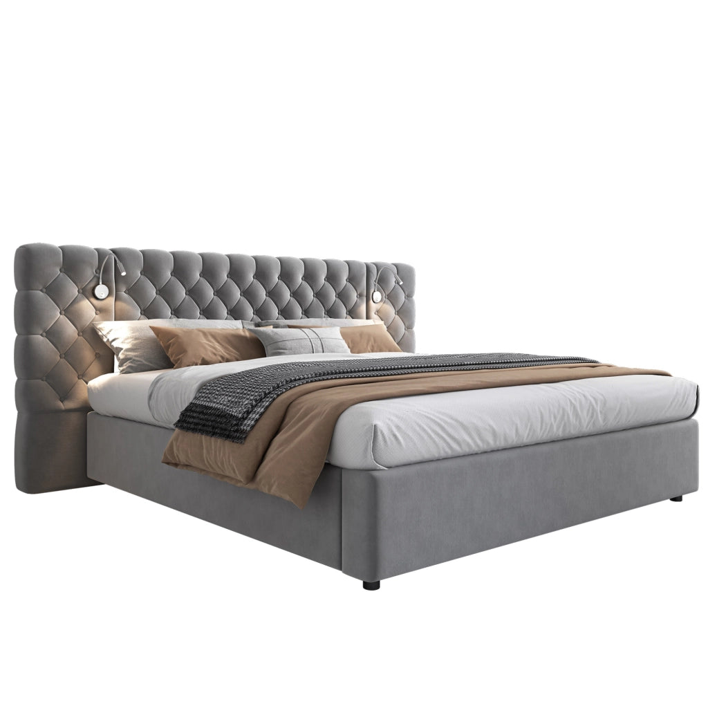 Letto matrimoniale imbottito 180x200 cm in velluto grigio con luce da lettura e contenitore idraulico