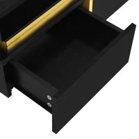 Tavolino da salotto laccato lucido con cassetti e dettagli dorati, 70×70×35,5 cm, Nero