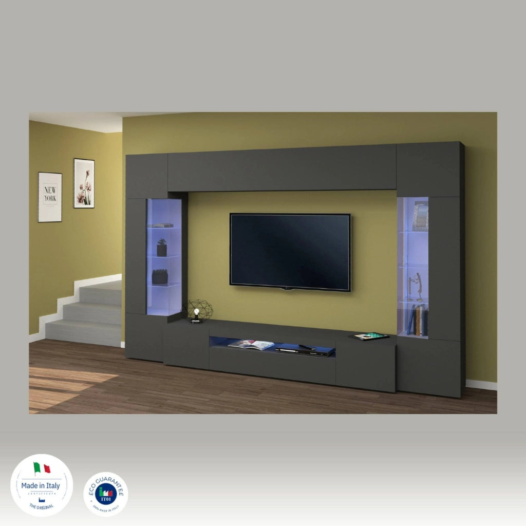 Parete attrezzata Arga, Set salotto porta TV a 6 ante, Mobile soggiorno multiuso con luce LED, 100% Made in Italy, cm 290x40h191, Antracite