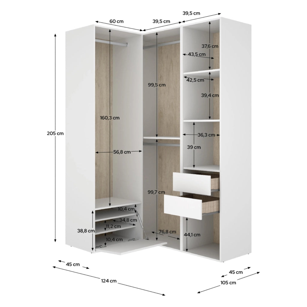 Armadio Camera da Letto Clayhill, Guardaroba Grande Modulabile, 124x205h cm Bianco