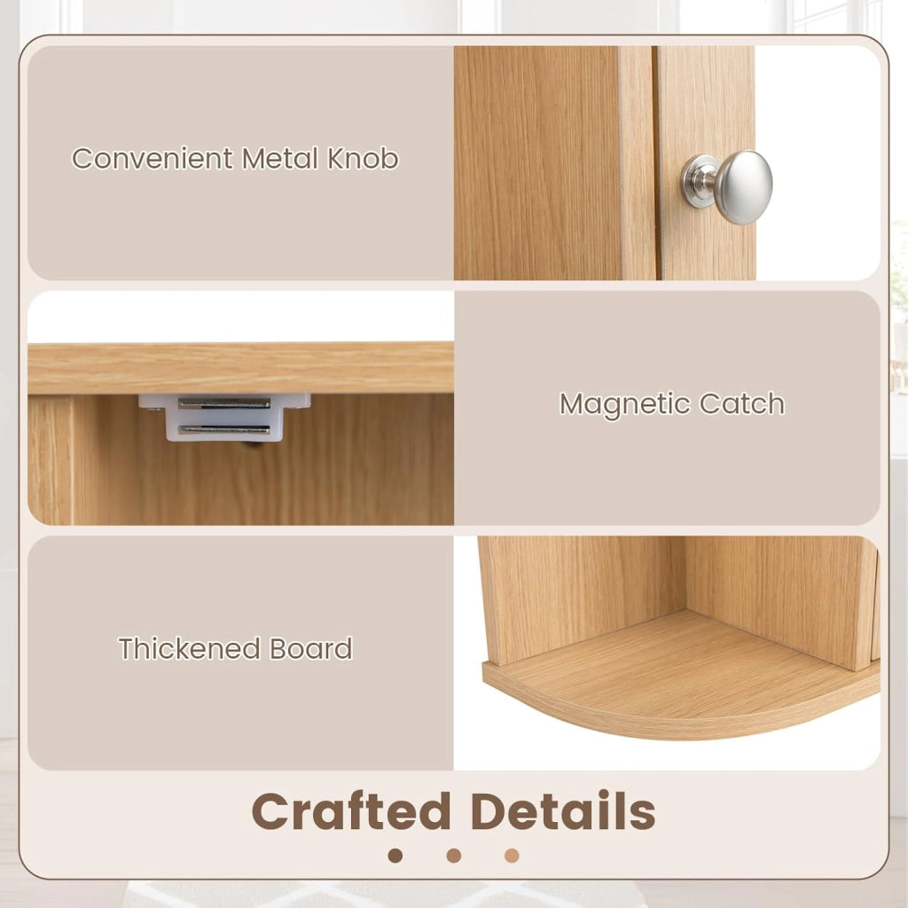 Armadietto Bagno a Parete, Mobiletto Pensile in Legno con Ante di Specchio, 6 Scomparti Laterali e 4 Ripiani di Stoccaggio, 3 Colori Disponibili, 65x17x64cm (Naturale)