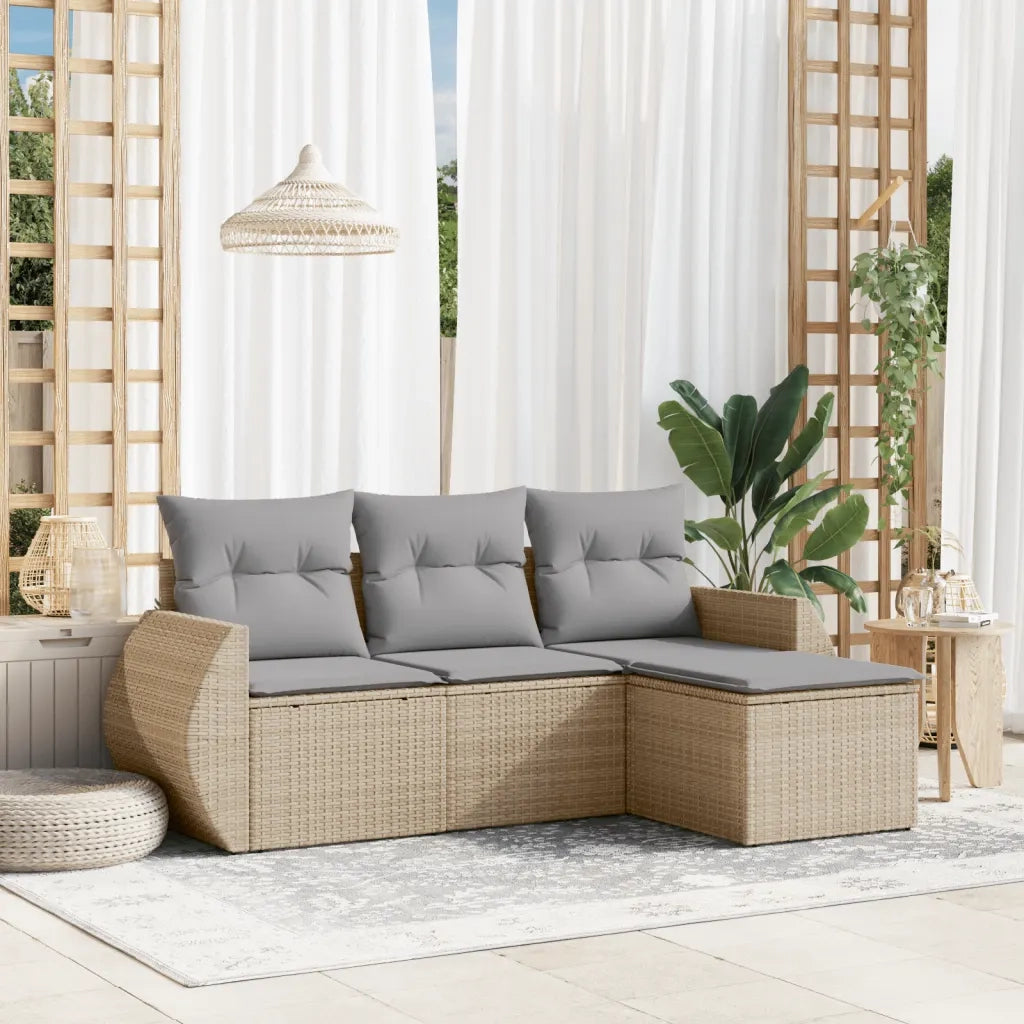 Set Divano da Giardino 4 pz | Set Salotto da Giardino con Cuscini Beige in Polyrattan