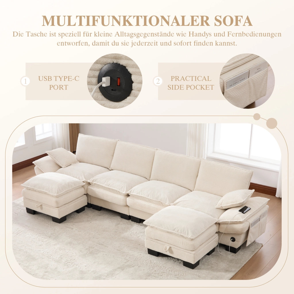 Divano modulare 4 posti in velluto a coste con USB-C, tasche laterali e 2 pouf, beige 330 × 132 × 84 cm