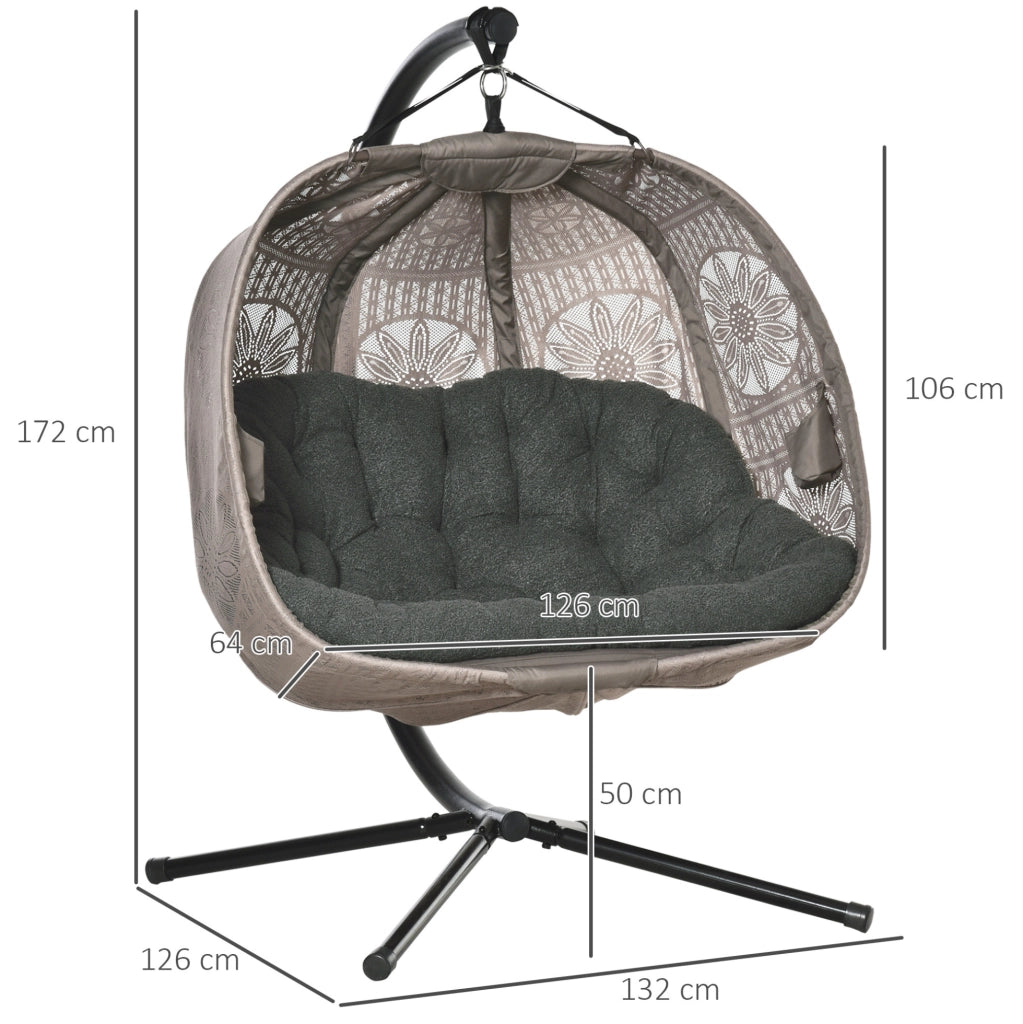 Poltrona sospesa per 2 persone con supporto pieghevole; 132x126x172 cm; in acciaio; sabbia