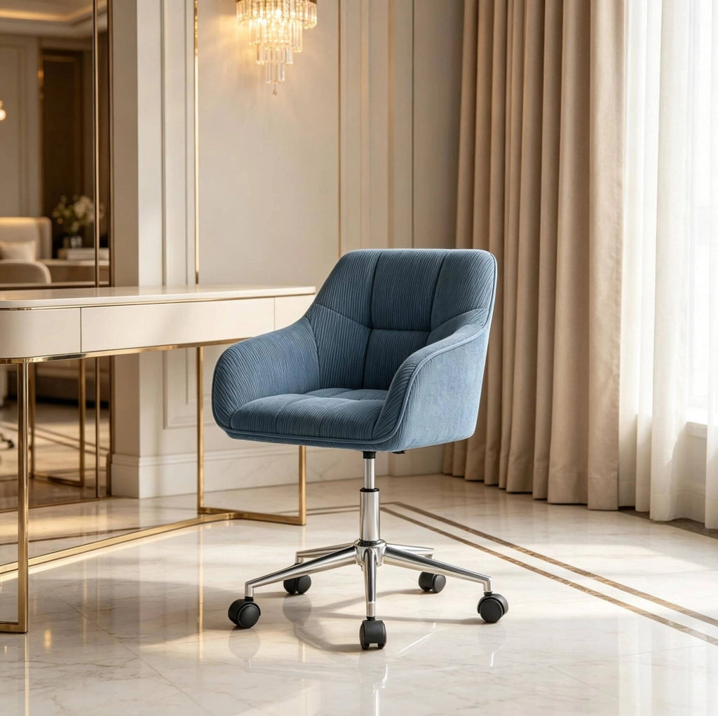 Sedia da ufficio girevole in velluto blu con schienale ergonomico e altezza regolabile