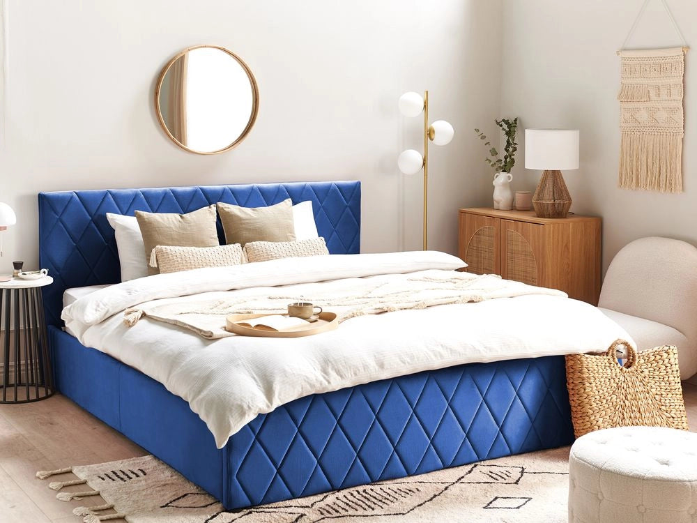 Letto contenitore Rivestimento in velluto blu 180 x 200 cm con testiera trapuntata a rombi con base a doghe