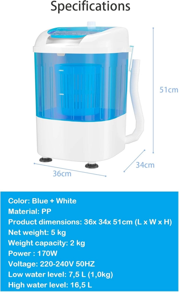 Mini lavatrice con centrifuga, lavatrice da campeggio fino a 2 kg, 170 W, con tubo di scarico, lavatrice toploader, 36 x 34 x 51 cm
