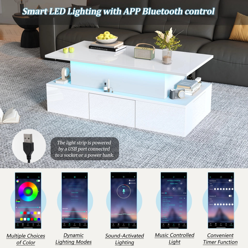 Tavolino da caffè alzabile con 4 cassetti; LED e vano nascosto - per soggiorno - 100 x 50 x 40 cm - in MDF - bianco