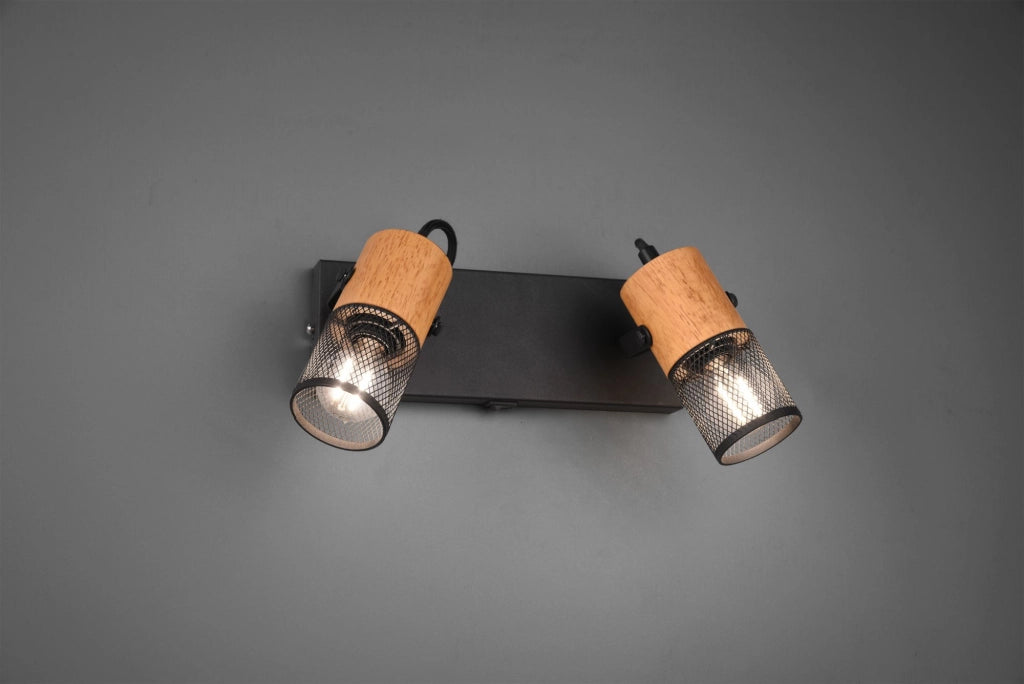 TOSH BARRA 2 SPOTS CILINDRI GABBIA METALLO NERO OPACO E LEGNO L. 26CM ATTACCO E14