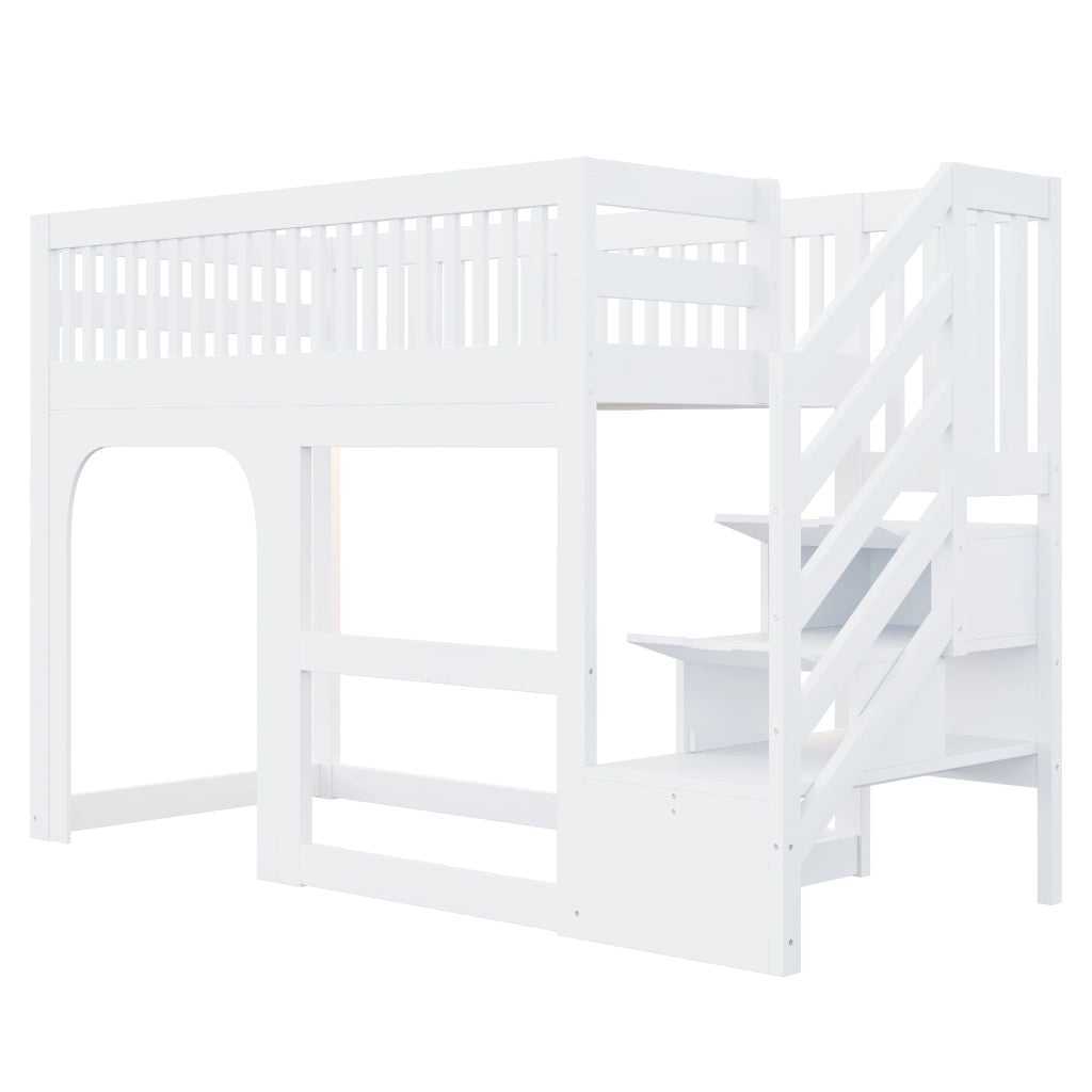 Letto a soppalco 90 x 200 cm, con ripiano portaoggetti, illuminazione a LED, sponde di sicurezza, letto per bambini, bianco