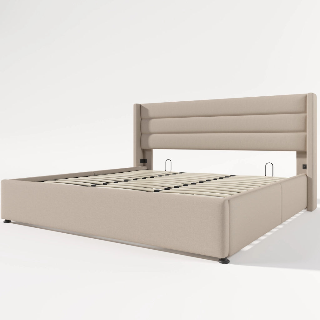 Letto matrimoniale contenitore con rete a doghe sollevabile 180x200 cm in lino beige