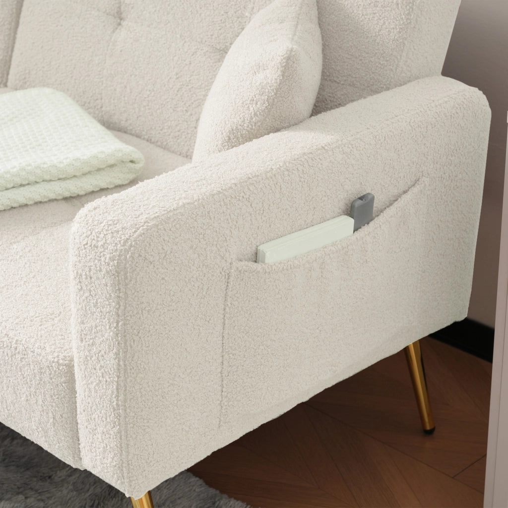 Divano Letto 2 Posti con Schienale Regolabile, Tasche Laterali e Gambe Dorate, in Tessuto Bouclé, Bianco, 175 × 64 × 72 cm