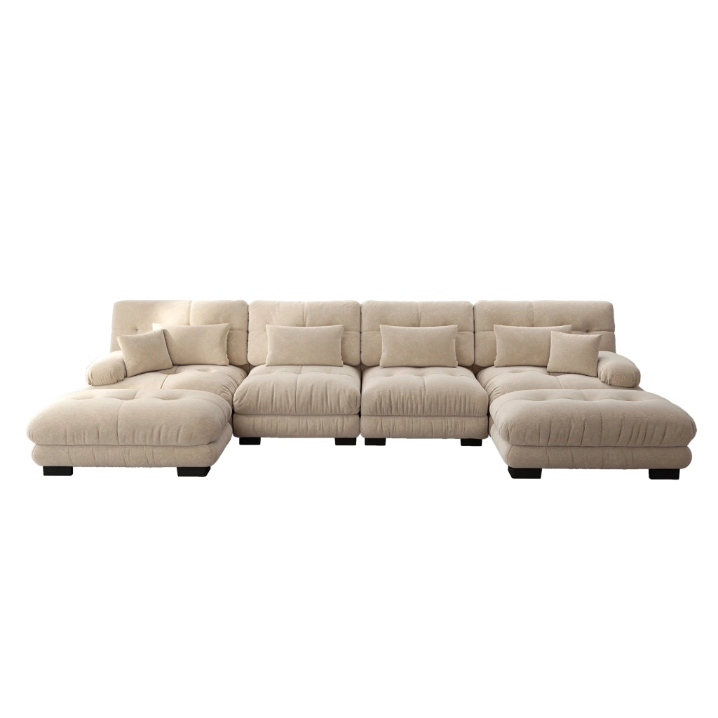 Divano angolare modulare con seduta profonda e pouf mobile, in ciniglia beige chiaro 406 × 145 × 81 cm
