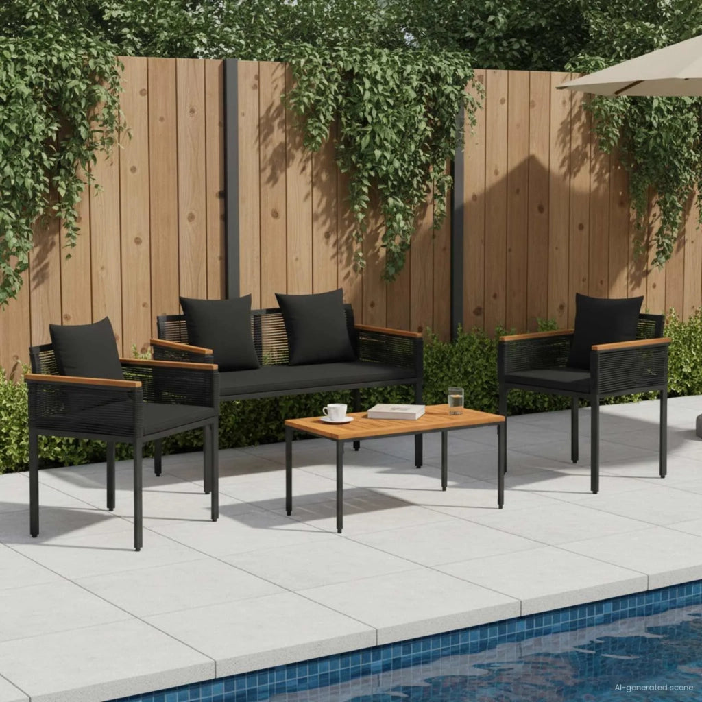 Set di Mobili da Esterno con cuscino 4 pcs Nero polyrattan