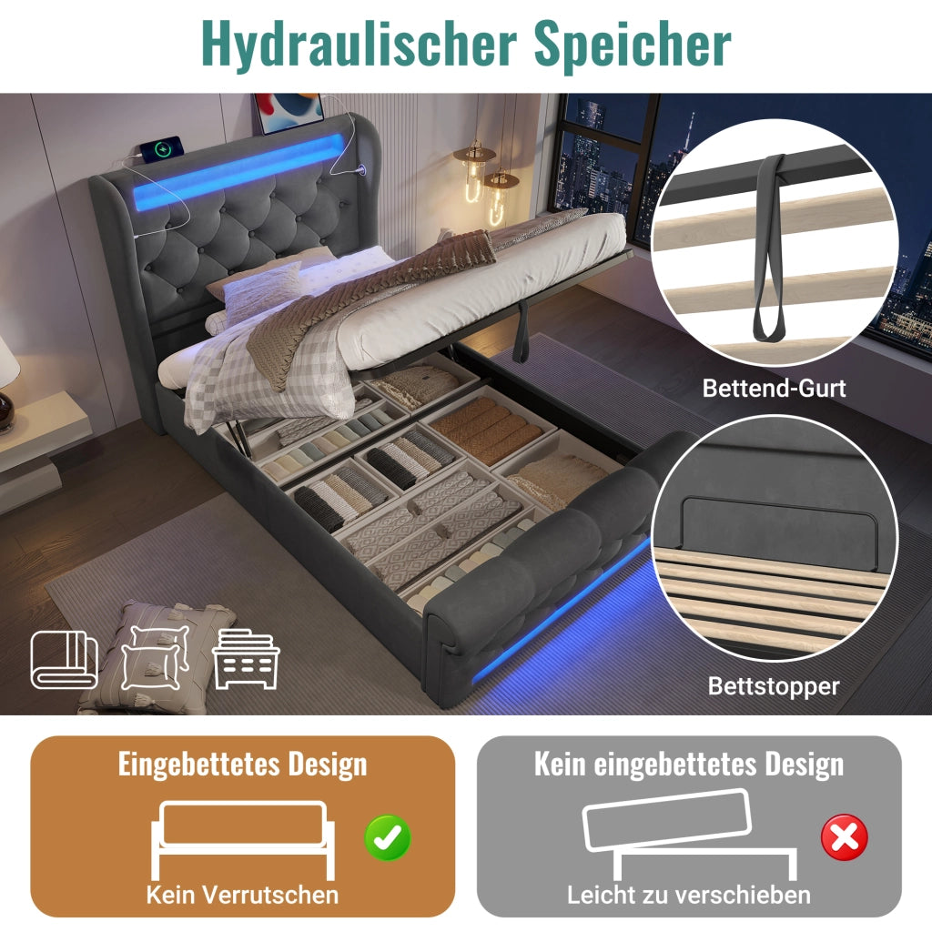 LETTO imbottito contenitore 90x200 cm velluto grigio con LED e USB + Type-C