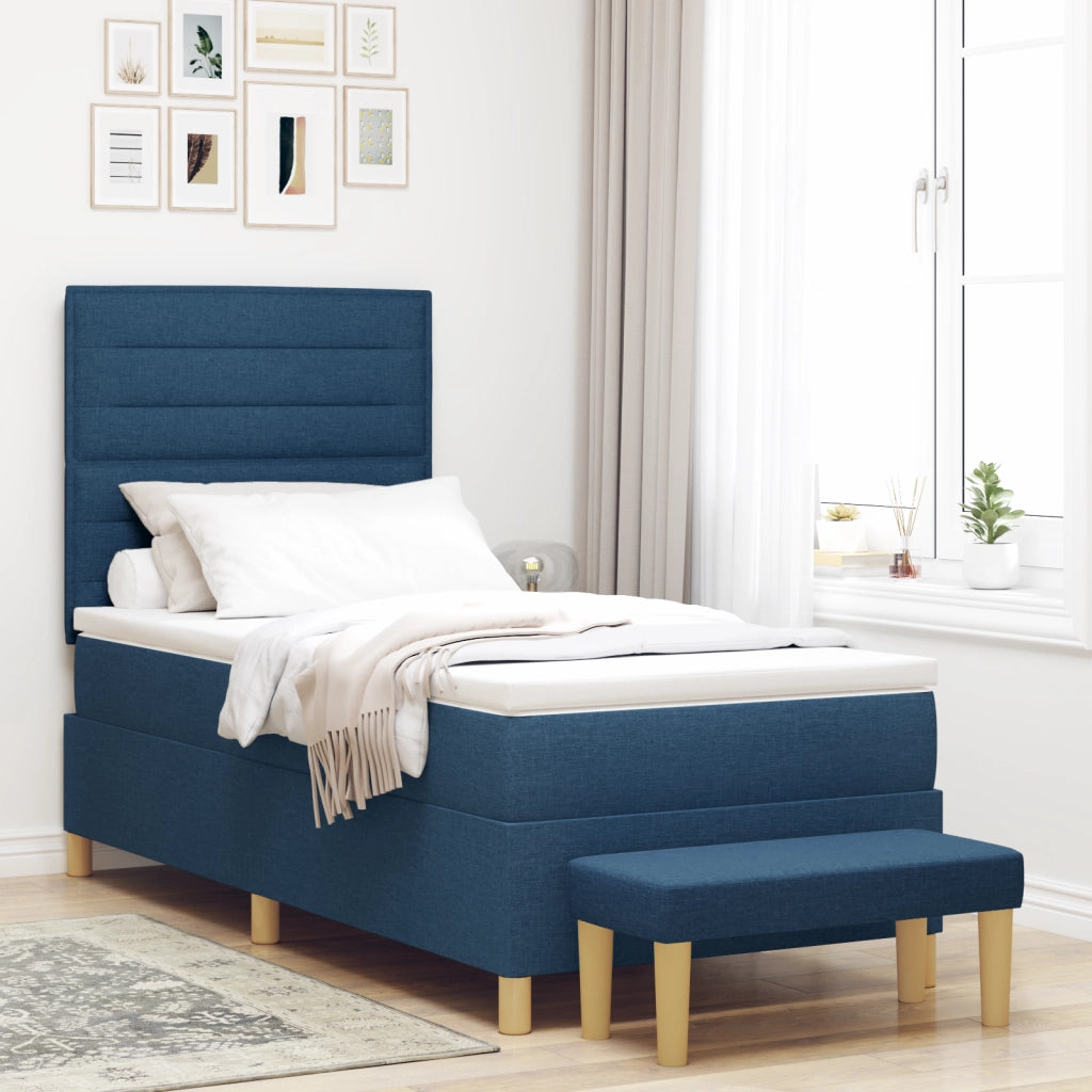 Letto Box Spring con Materasso e Panchina Blu 90x190 cm Tessuto