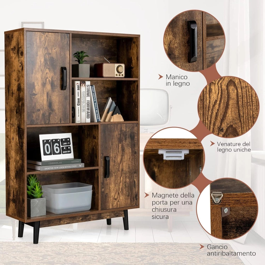 Libreria di Legno a 4 Livelli, Libreria con 2 Ante, 4 Mensole Aperte, Gambe in Legno di Gomma, Cuscinetti Antigraffio e Dispositivo Antiribaltamento, 80 x 24 x 119,5 cm (Caffè)