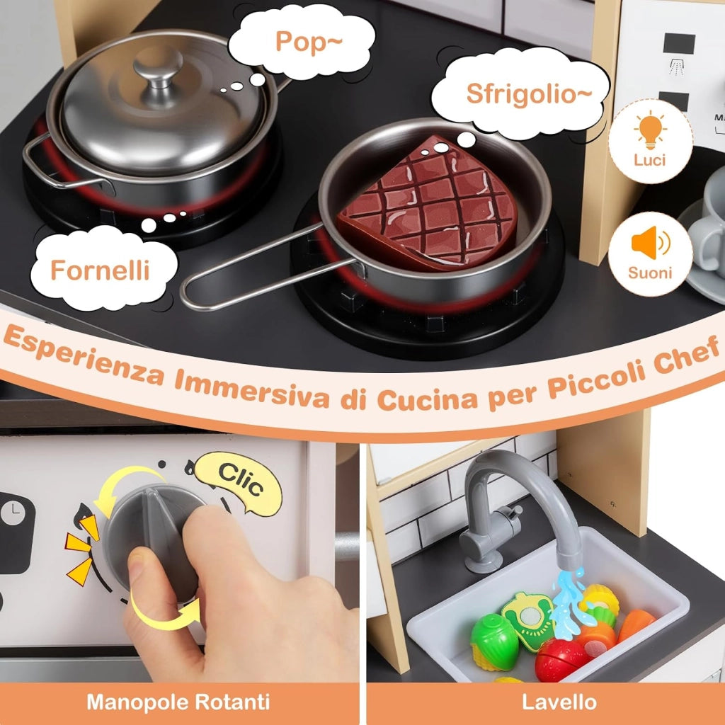 Cucina Giocattolo per Bambini, Cucinetta in Legno con Suoni e Luci, Fornello, Lavandino, Macchina del Caffè, Gioco Cucina di Ruolo per Bambini 3+ Anni (Grigio)