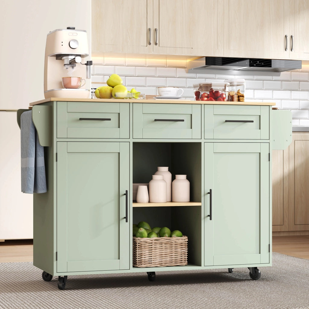 Carrello cucina con piano ribaltabile, contenitore interno e ruote, colore verde antico, 139x46(71)x91,5 cm