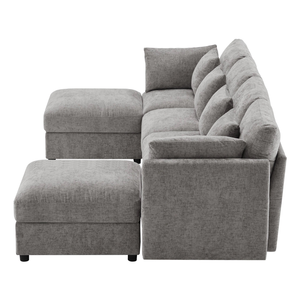 Divano modulare angolare 284x156;5x86 cm in chenille grigio con 2 pouf e 6 cuscini