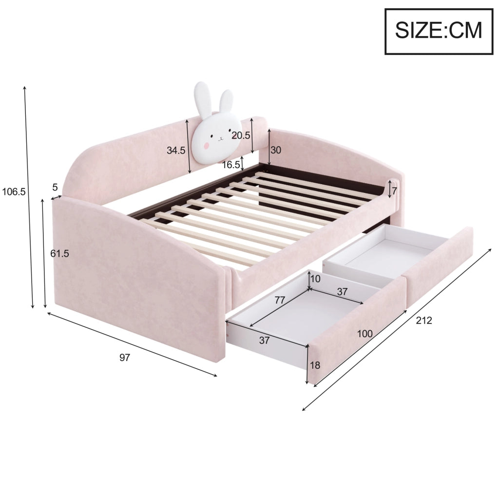 Letto bambino con contenitore 90x200 cm; LED; velluto rosa; con cassetti e cuscino coniglietto