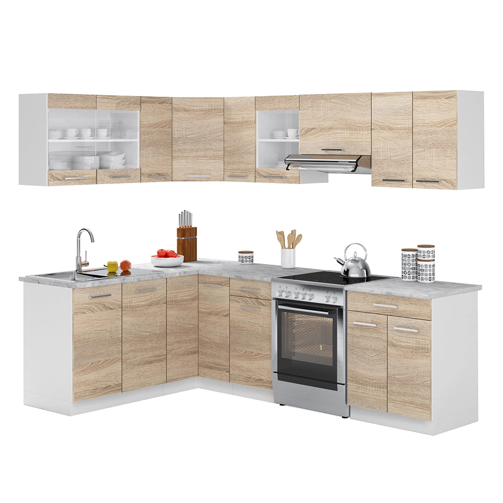 Vicco Cucina ad angolo Bianco/Sonoma 247 x 167 cm , PL Marmo con striscia LED