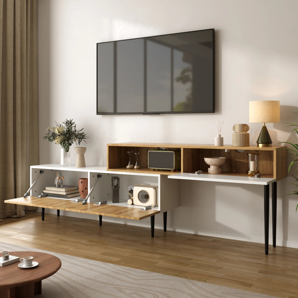 Mobile TV Modulare 2 Pezzi con 3 Ante a Ribalta e Passacavi; Stile Moderno; 240??30??63;5 cm; in MDF; Bianco e Legno