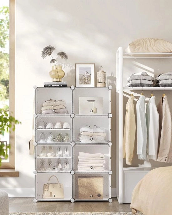 Rack per scarpe 8 contenitori - sottile con porte - telaio in acciaio - bianco
